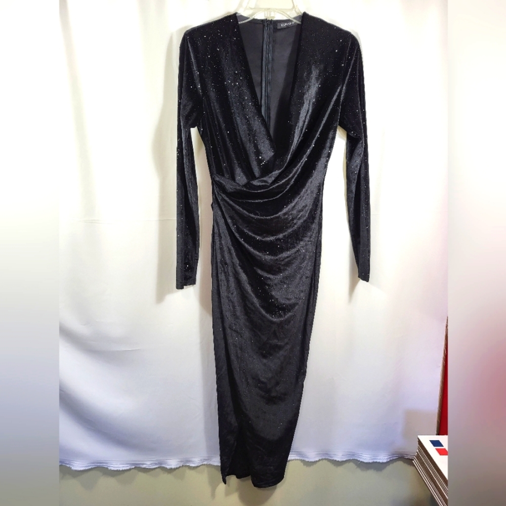 Double Crazy black velour maxi dress women's M  #1295